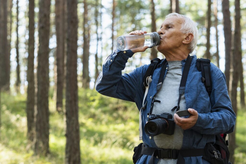 senior faisant de la randonnée à la campagne lors de ses vacances