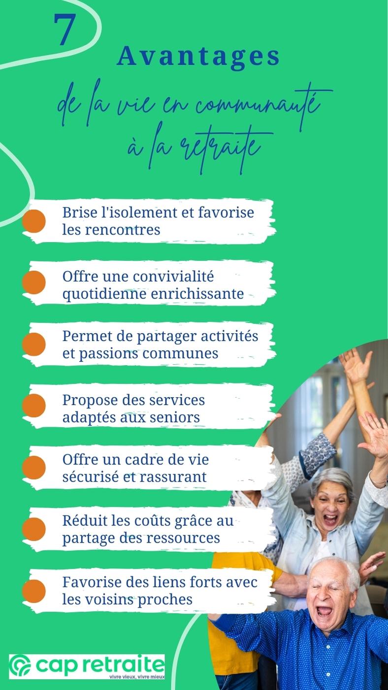 Infographie présentant les avantages de la vie en communauté pour les retraités